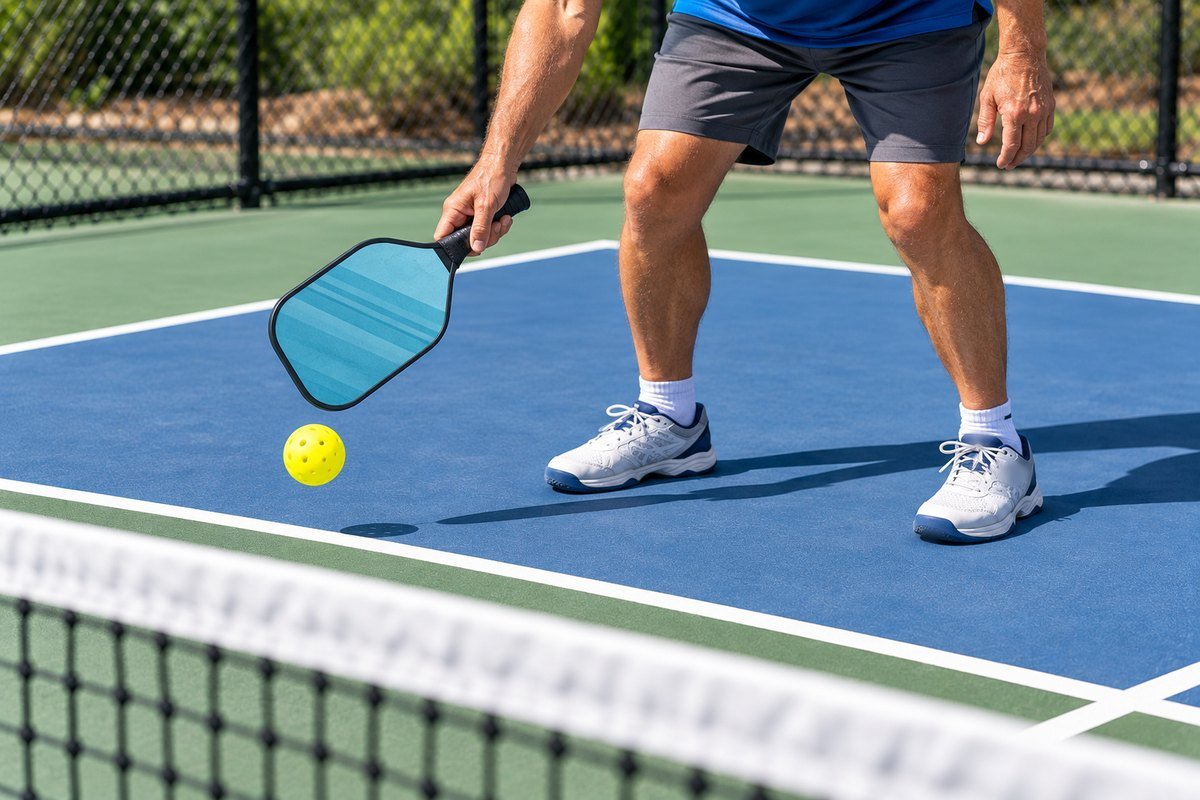Pickleball kitchen rules: a player waits in the ready position behind the kitchen line as the ball bounces