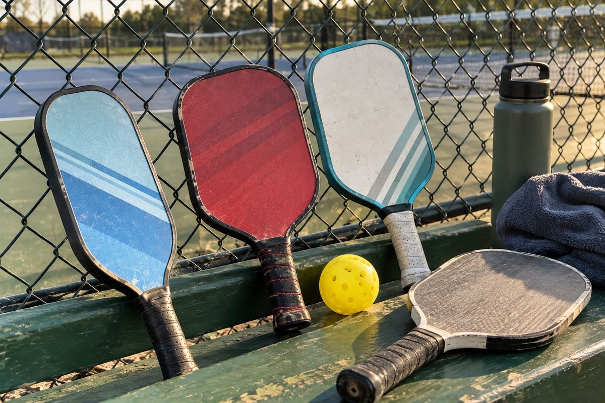 Paddles from several pickleball paddle brands on a courtside bench