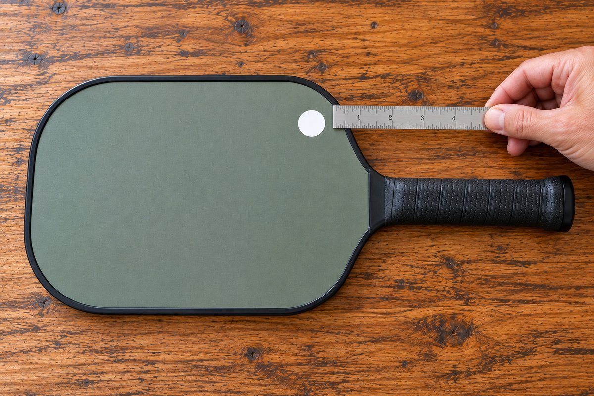 Ruler measuring the one inch gap required between a custom pickleball paddle decal and the grip, checking Rule 2.E.5 placement compliance