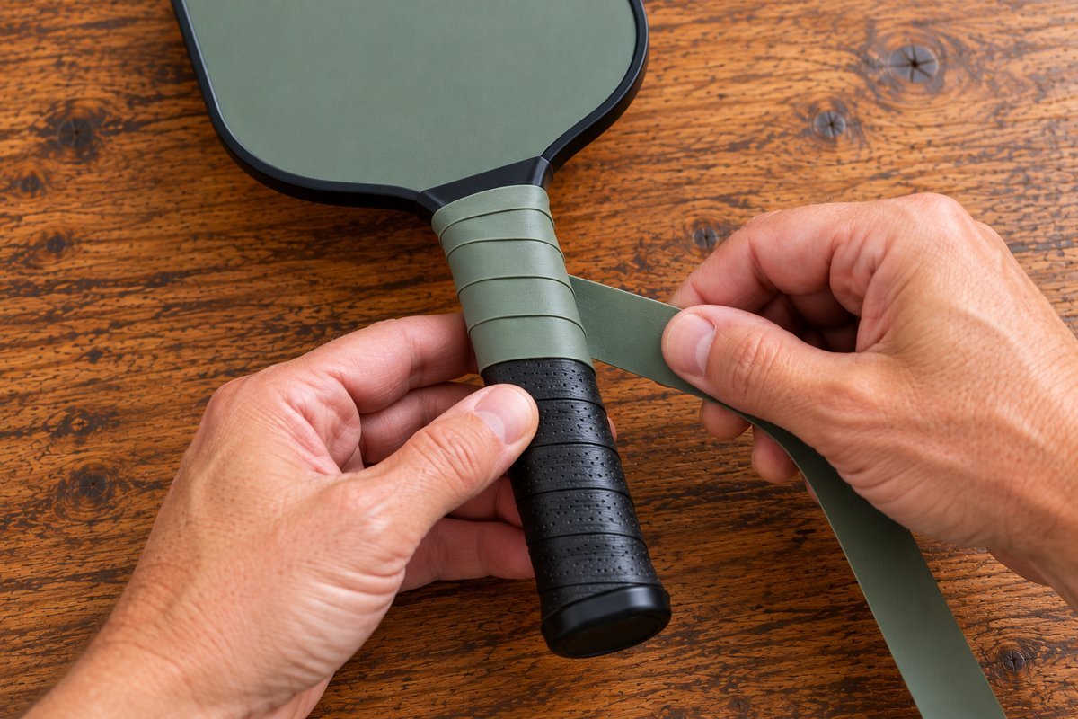 Wrapping new grip tape onto a custom pickleball paddle handle, a legal modification under Rule 2.E.5
