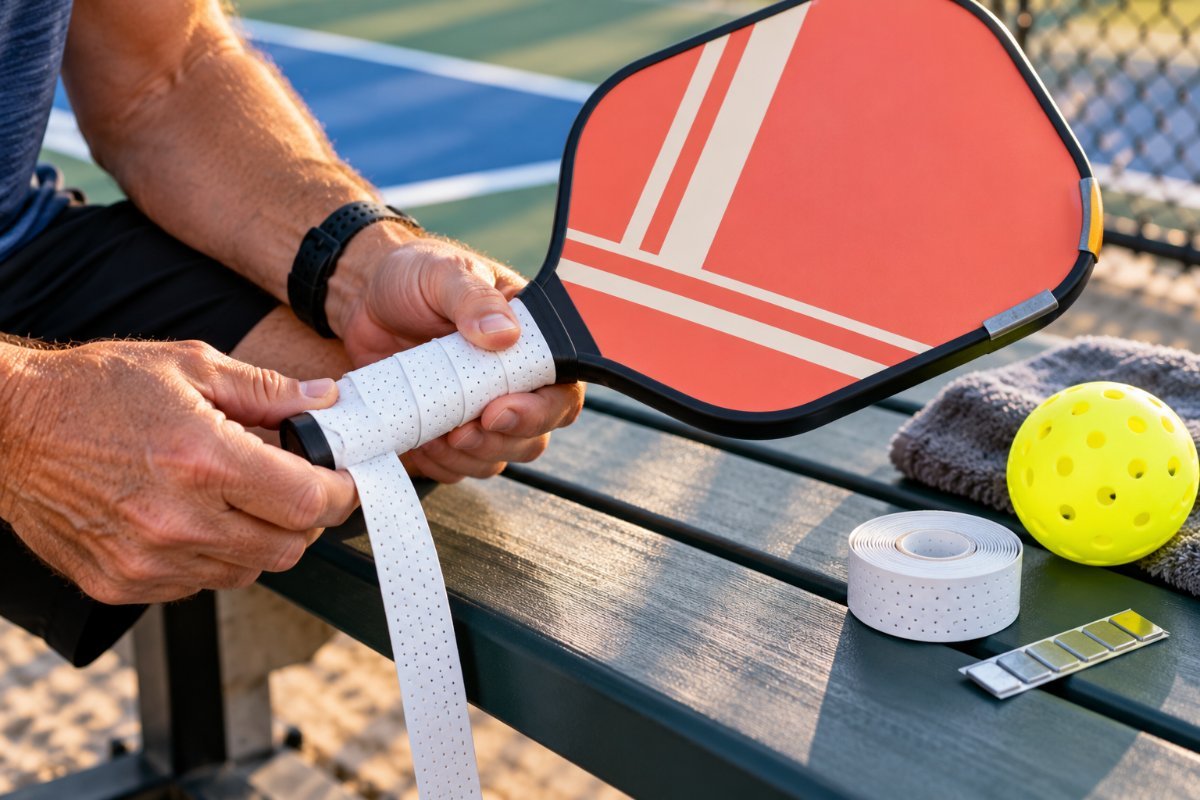 Hands wrapping a white overgrip on a coral paddle with lead tape on the edge to make it easier on tennis elbow