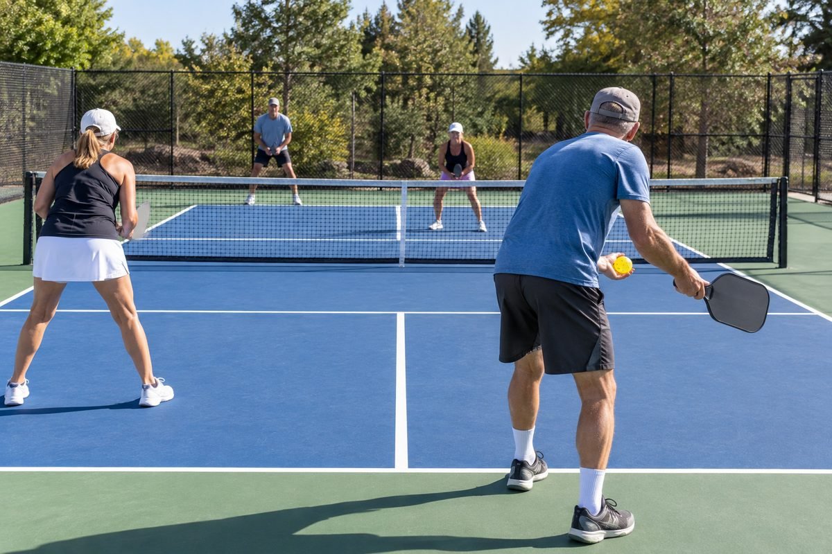 Pickleball scoring in doubles: server ready to serve from the right side of the court