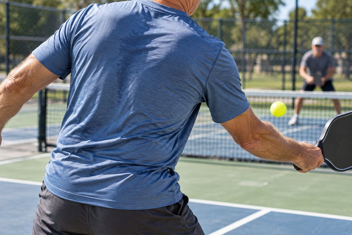 A pickleball player's performance shirt stretched across the shoulders during a serve on an outdoor court