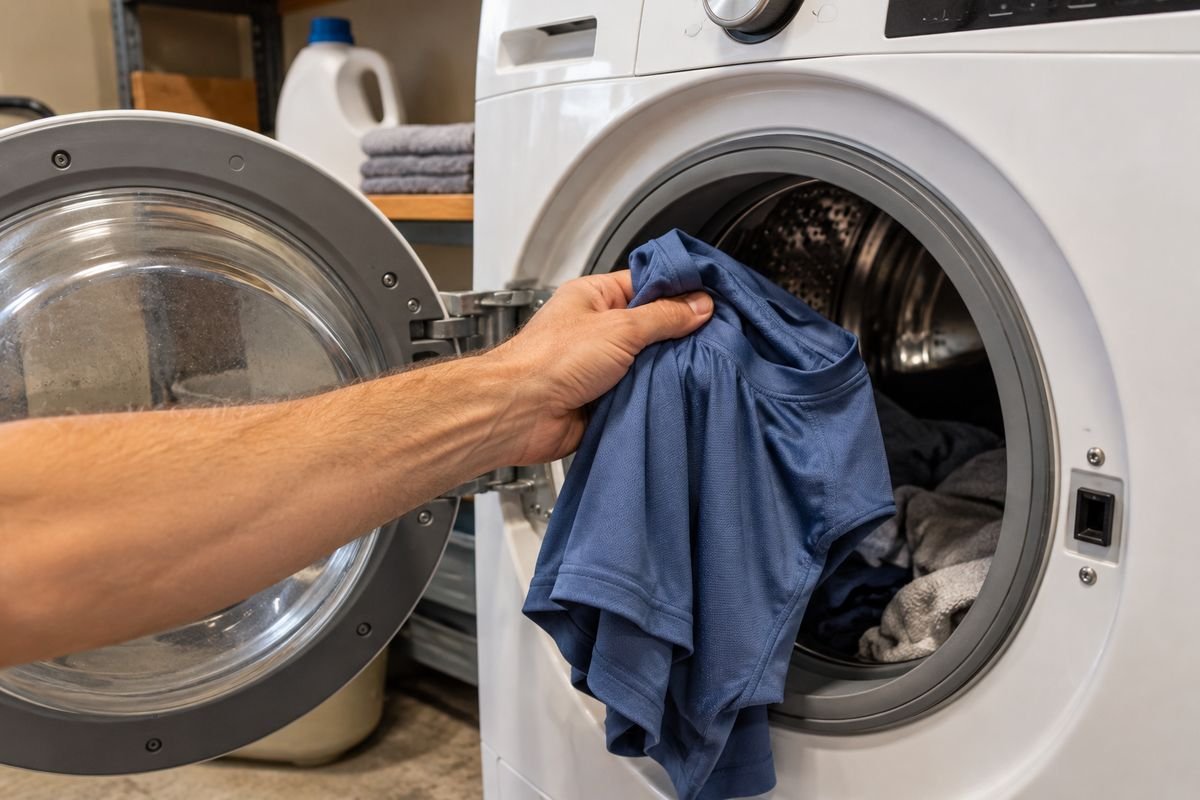 A performance pickleball shirt being loaded into a home washing machine for a cold, gentle wash