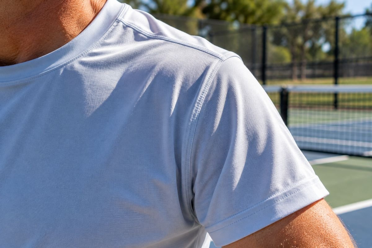 Close-up of a light-colored UPF sun-protective shirt collar and sleeve in direct outdoor sunlight