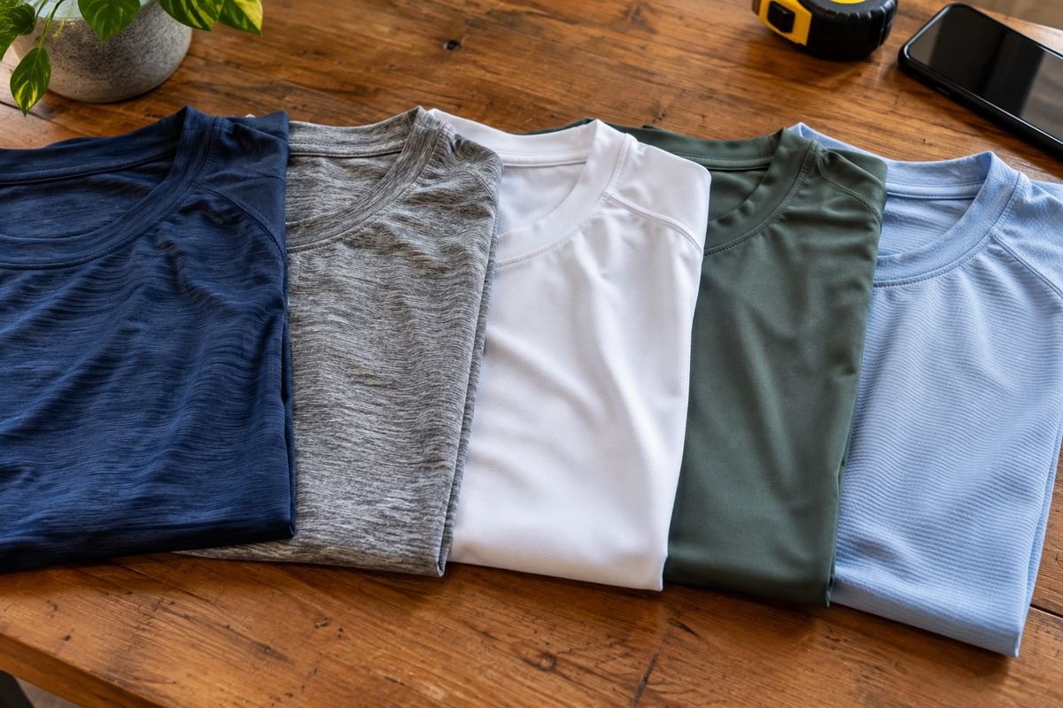 Several folded pickleball shirts in different colors and fabrics laid out for a side-by-side comparison
