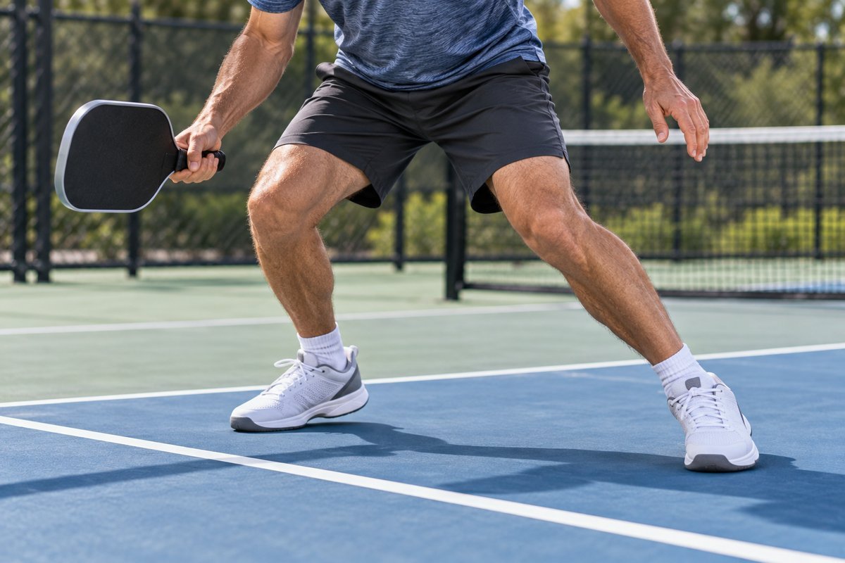 A player shuffling sideways on an outdoor court in white pickleball shoes for men