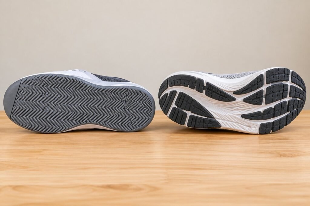 Court shoe herringbone outsole next to a running shoe outsole, a key difference in pickleball shoes for men