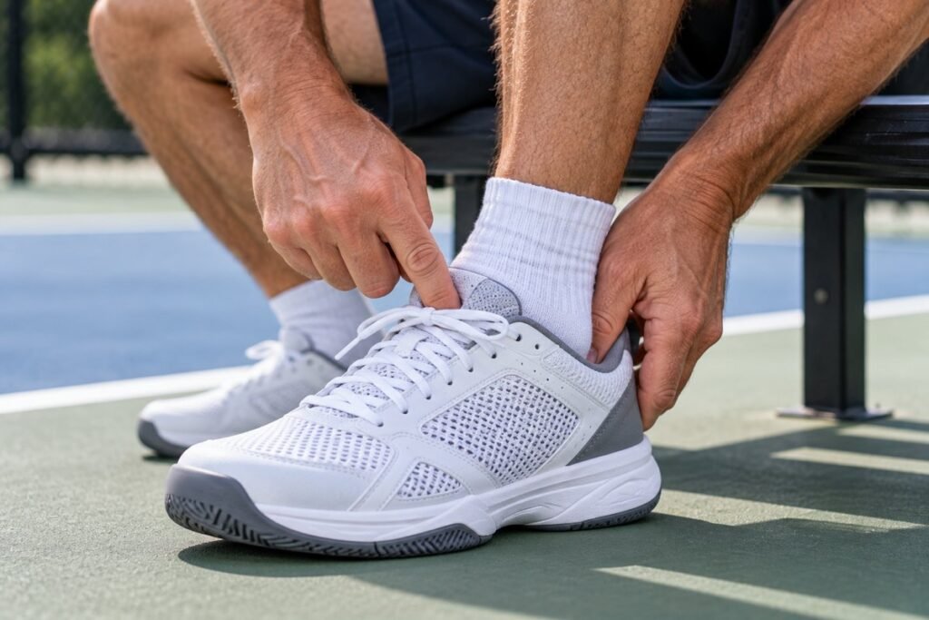 Checking the instep fit of pickleball shoes for men with a finger at the top of the laced tongue