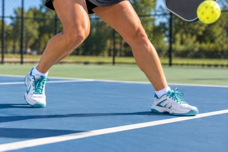 Pickleball shoes for women in a side shuffle on an outdoor pickleball court