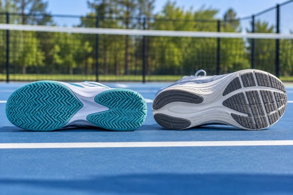 Court shoe herringbone outsole next to a running shoe rocker sole, a key difference in pickleball shoes for women