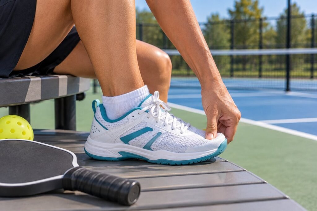 Checking the toe room on pickleball shoes for women with a thumb press on a courtside bench