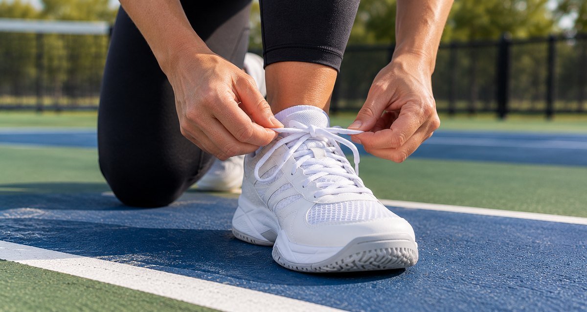 Player kneeling on the court to tie a white court shoe
