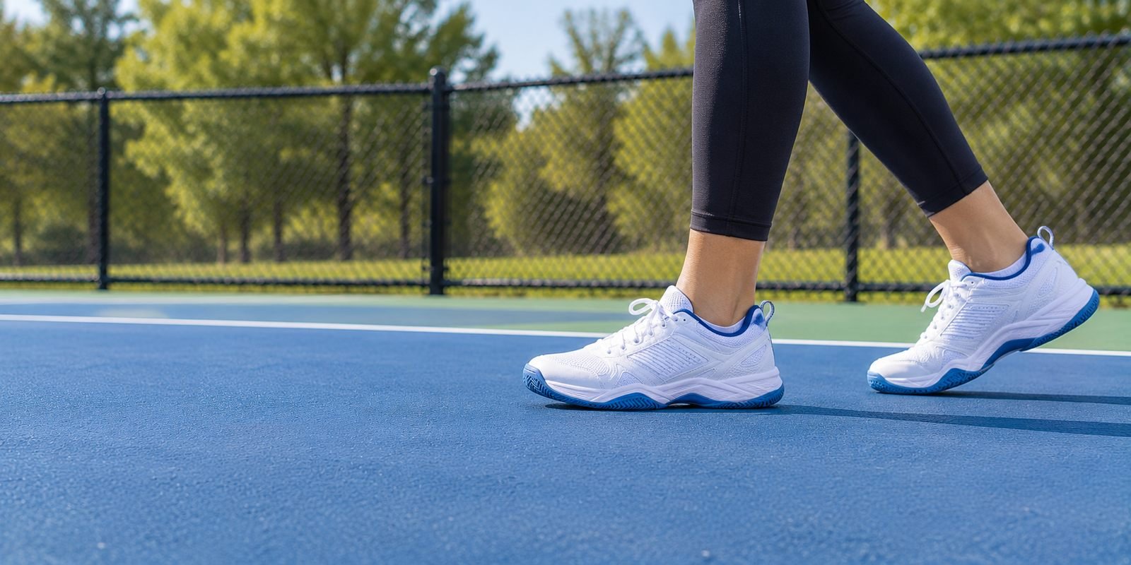 Player walking across an outdoor pickleball court in white court shoes