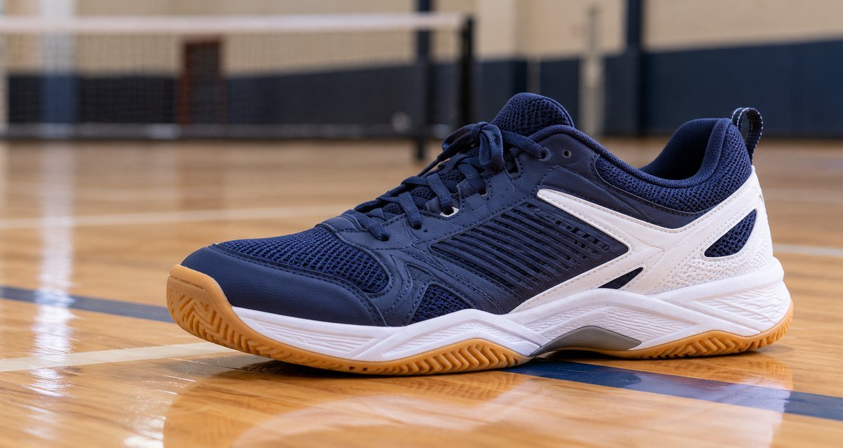 Navy indoor court shoe with a gum sole on a gym floor