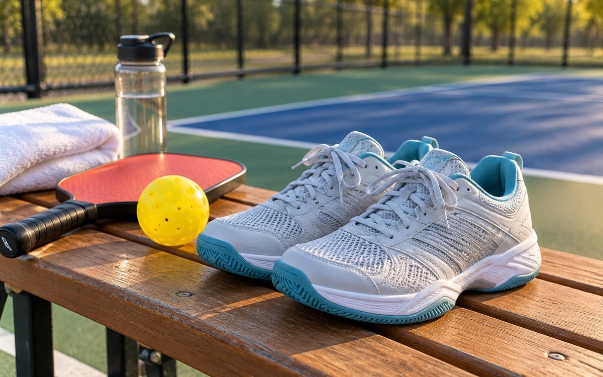 Court shoes on a bench beside a paddle, ball, towel and water bottle