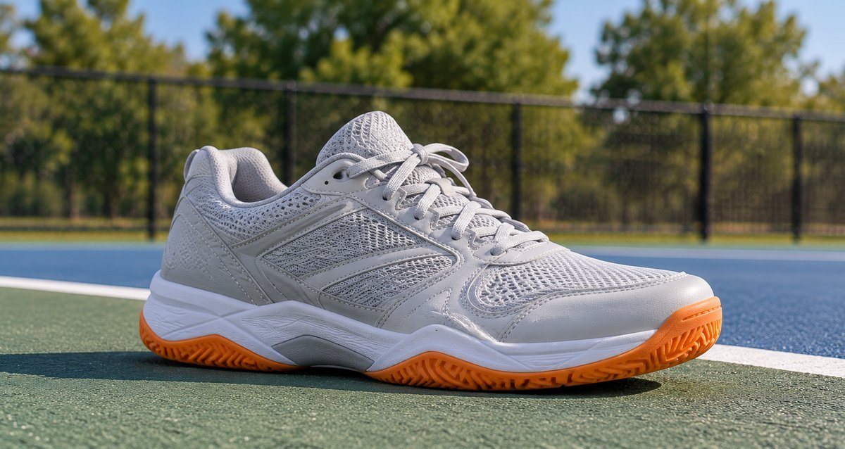 Gray court shoe with an orange tread sole on an outdoor court
