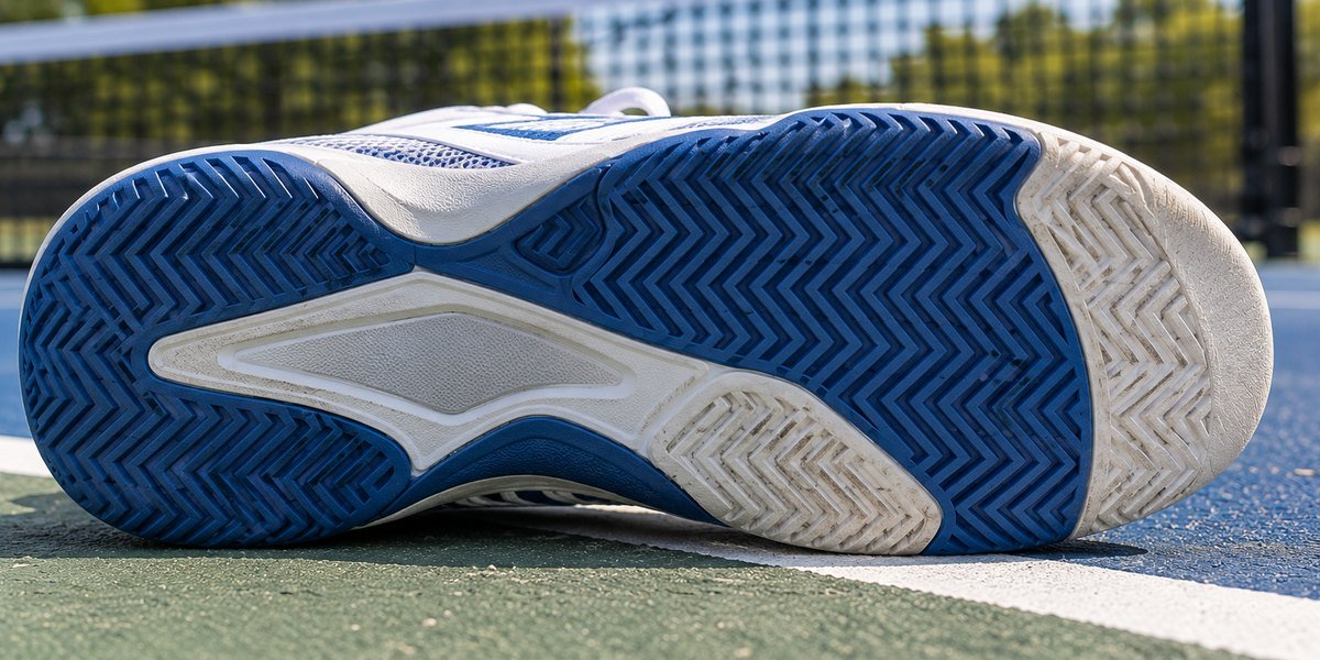 Close view of a court shoe outsole with herringbone tread