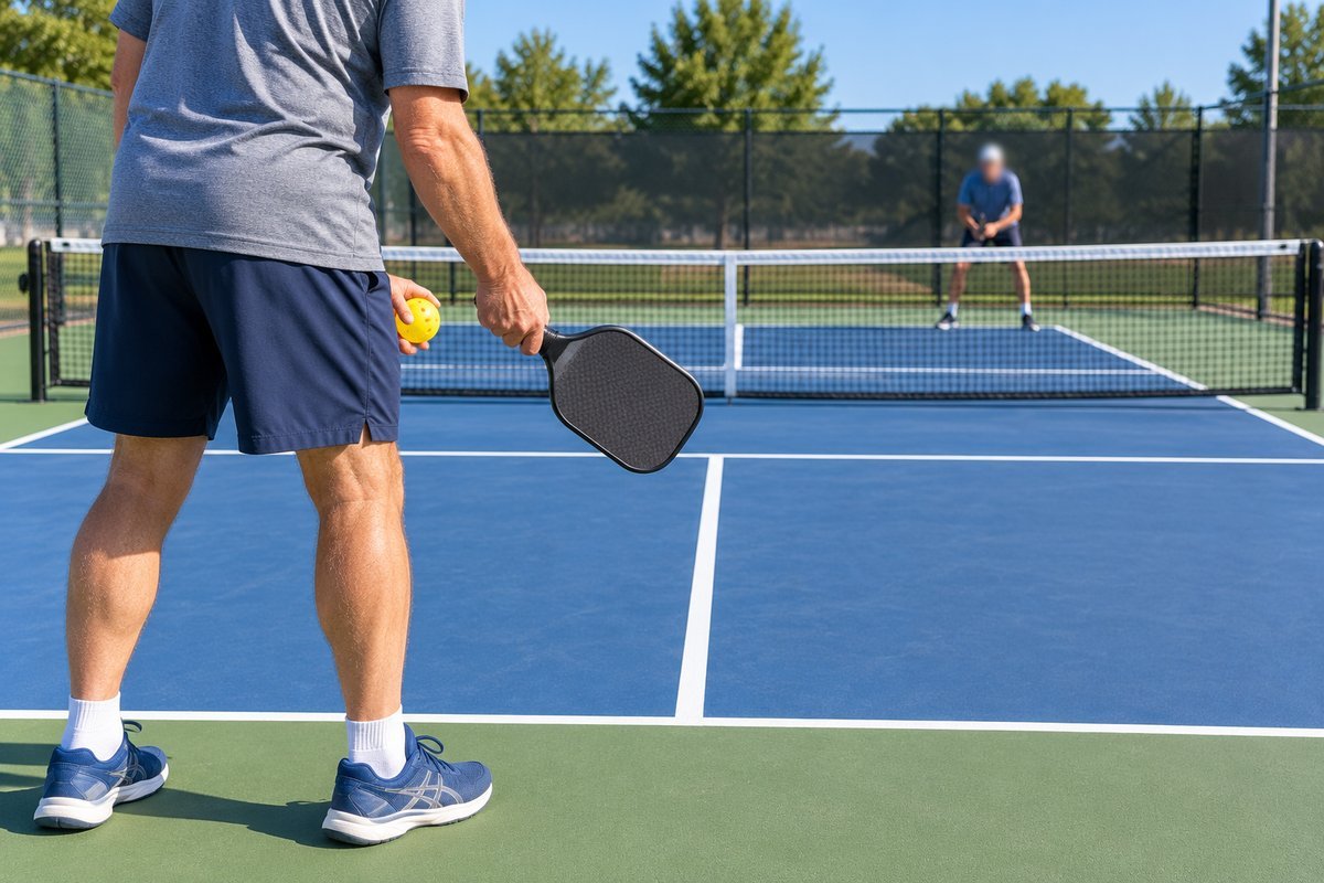 Pickleball singles rules: a player about to serve from the left side, with one receiver across the net