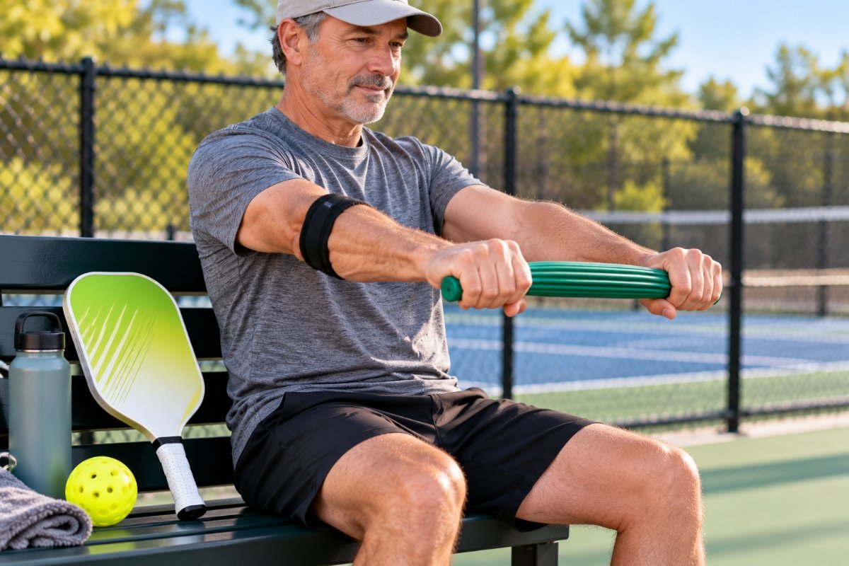 Pickleball player doing the Tyler Twist FlexBar exercise courtside for tennis elbow, lime paddle on the bench
