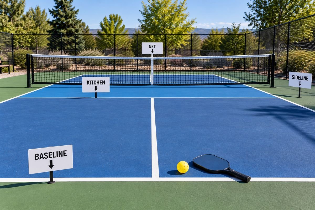 Pickleball terms shown on a court with signs for the baseline, kitchen, net and sideline