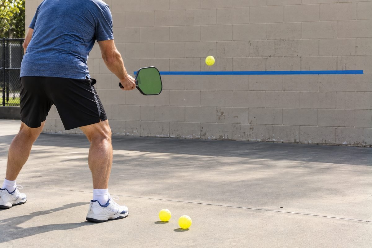 Solo pickleball drills at a wall with a tape line at net height