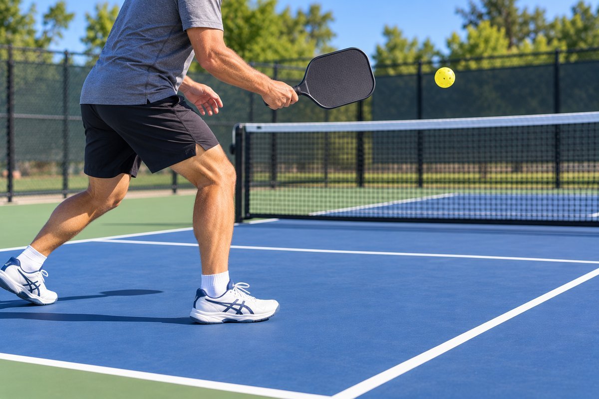 Singles pickleball player moving in to hit a ball near the net