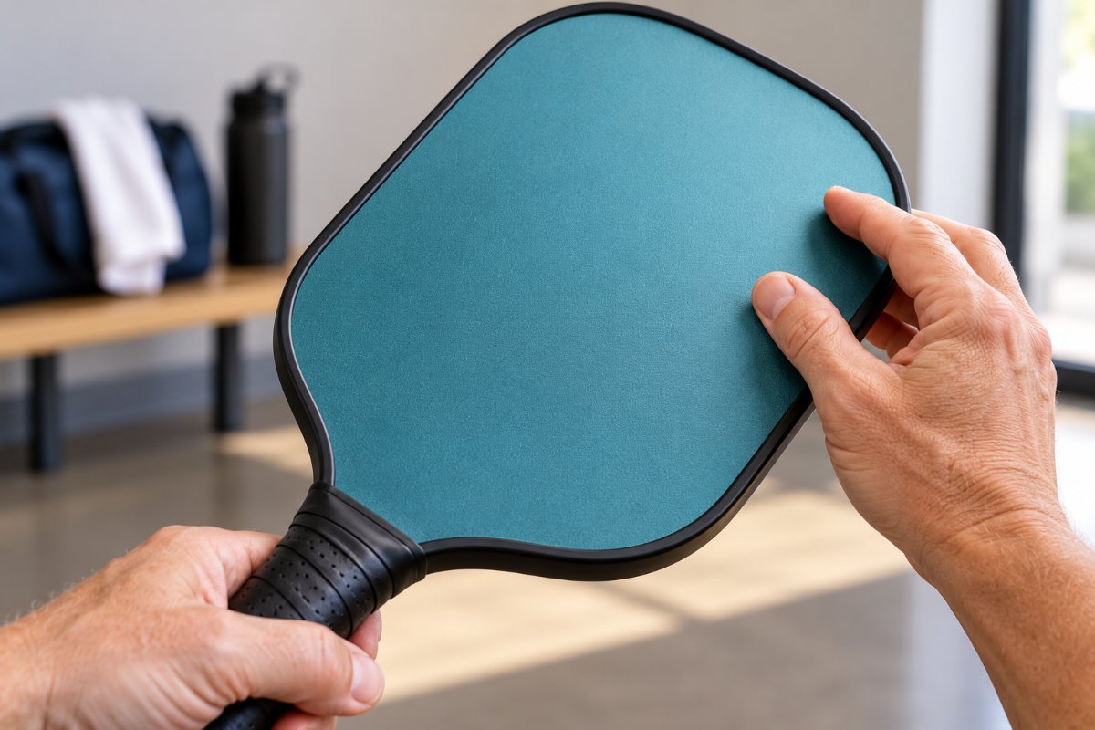Hands inspecting a usa pickleball approved paddles list entry on a paddle face before a tournament