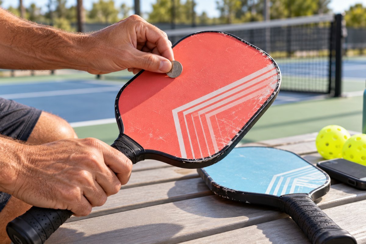 Used pickleball paddles on a courtside bench, with a coral paddle being tap tested with a coin for dead spots